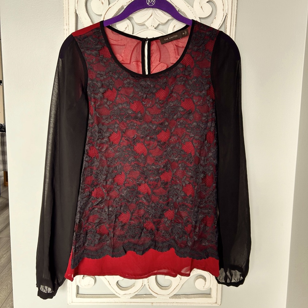 The Limited Brand Lace Overlay Blouse in Dark Red andd Black